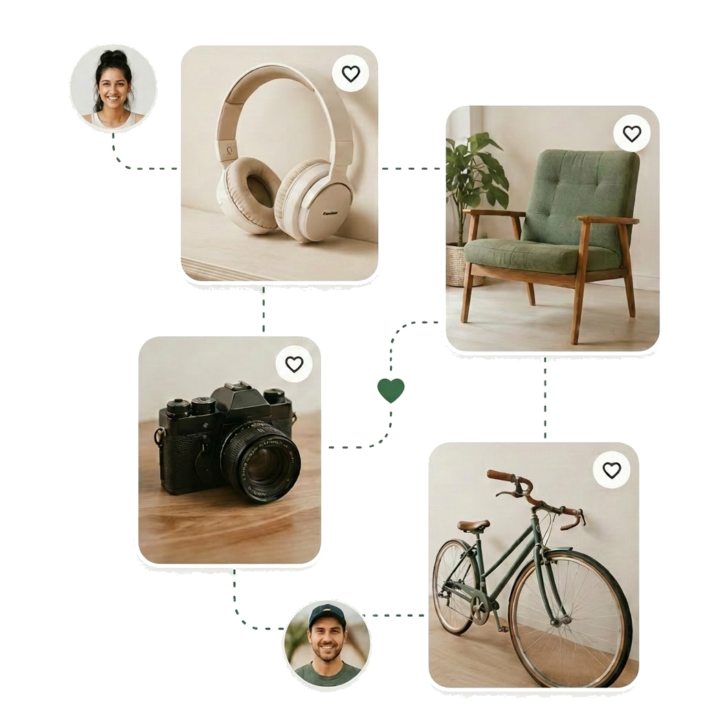 Collage de productos conectados con avatares de la comunidad